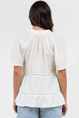 Ellery Top - Mandarin Collar Smock Top with Ladder Lace Insert Splicing in White
