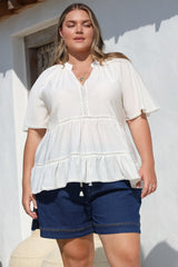 Ellery Top - Mandarin Collar Smock Top with Ladder Lace Insert Splicing in White