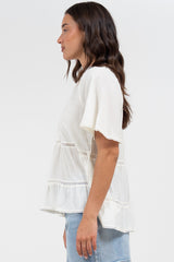Ellery Top - Mandarin Collar Smock Top with Ladder Lace Insert Splicing in White