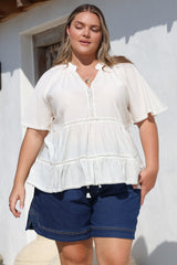 Ellery Top - Mandarin Collar Smock Top with Ladder Lace Insert Splicing in White