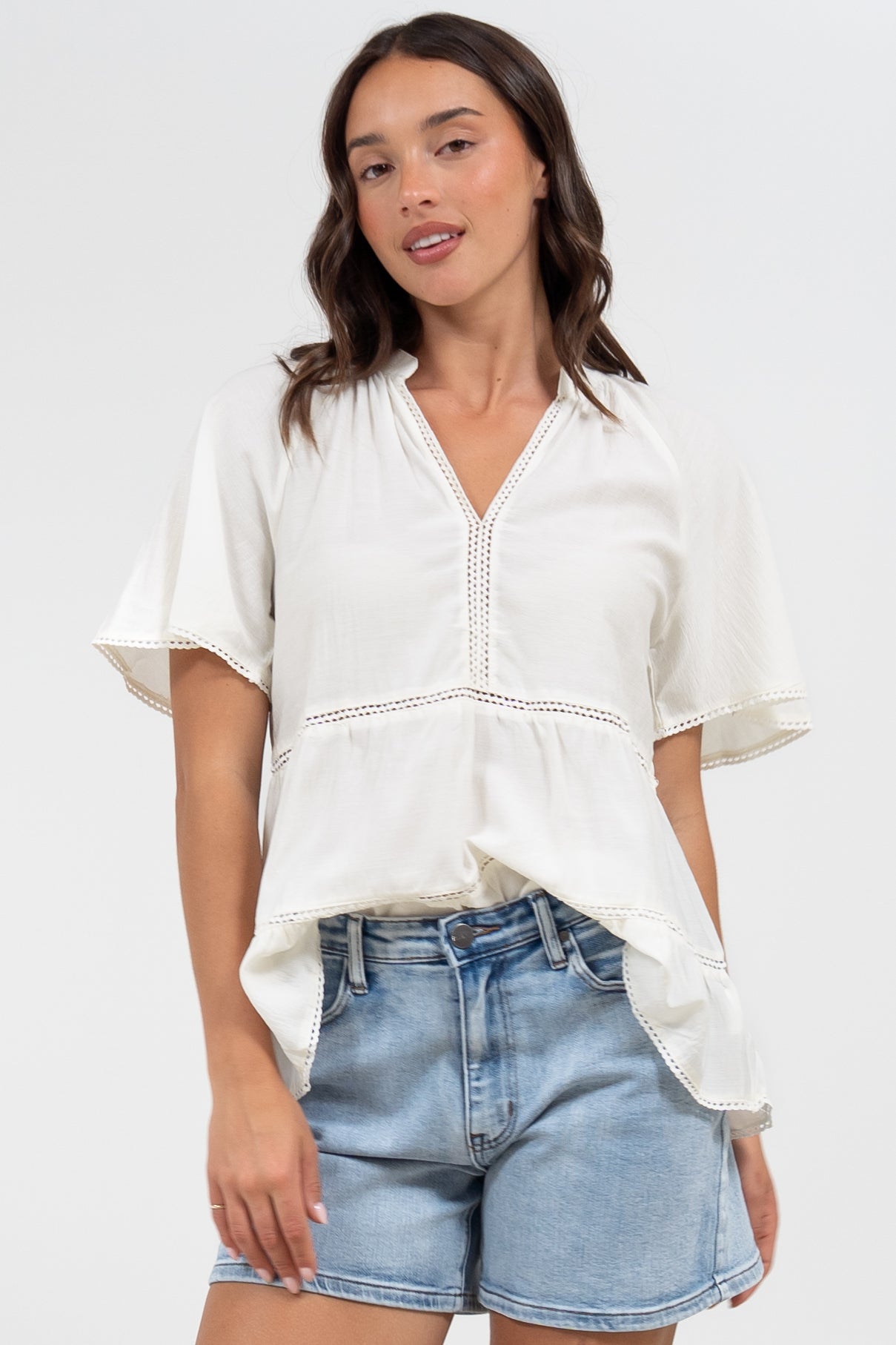 Ellery Top - Mandarin Collar Smock Top with Ladder Lace Insert Splicing in White