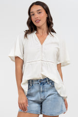Ellery Top - Mandarin Collar Smock Top with Ladder Lace Insert Splicing in White