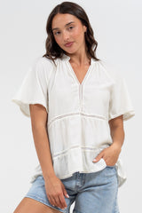 Ellery Top - Mandarin Collar Smock Top with Ladder Lace Insert Splicing in White