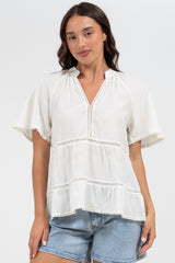 Ellery Top - Mandarin Collar Smock Top with Ladder Lace Insert Splicing in White