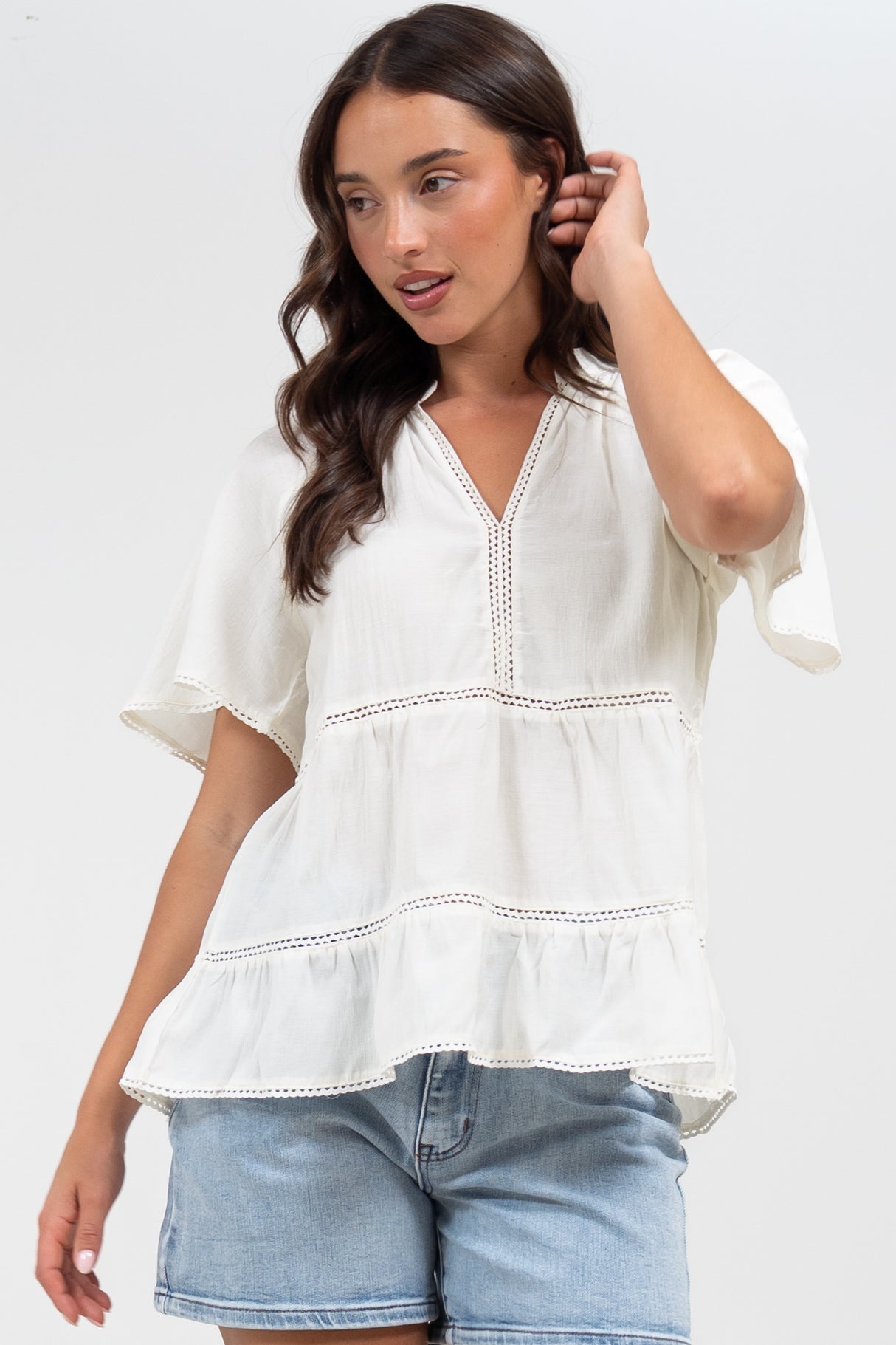Ellery Top - Mandarin Collar Smock Top with Ladder Lace Insert Splicing in White