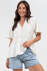 Ellery Top - Mandarin Collar Smock Top with Ladder Lace Insert Splicing in White