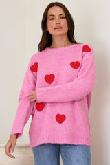 Ellie Jumper - Crew Neck Pull Over Contrast Heart Print Knit in Pink