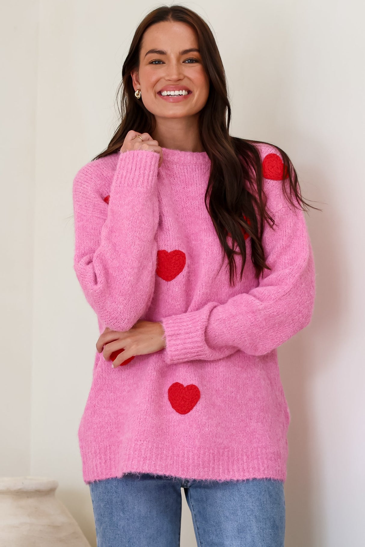 Ellie Jumper - Crew Neck Pull Over Contrast Heart Print Knit in Pink