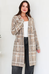Ellington Cardigan - Lapel Collar Checkered Knit with Pockets in Taupe