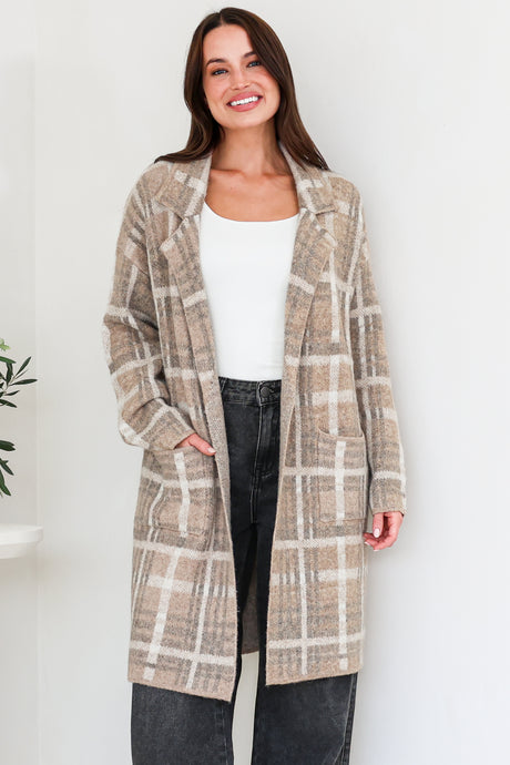 Model wearing Ellington Cardigan in Taupe from Salty Crush