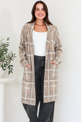Ellington Cardigan - Lapel Collar Checkered Knit with Pockets in Taupe