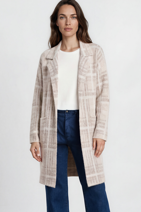 Model wearing Ellington Cardigan in Beige from Salty Crush