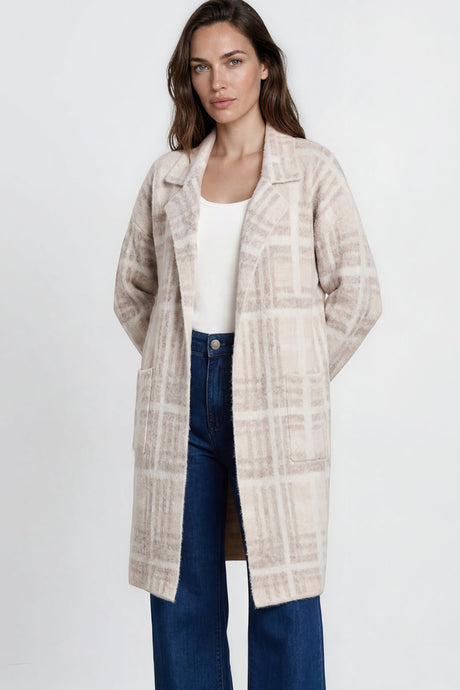 Model wearing Ellington Cardigan in Beige from Salty Crush
