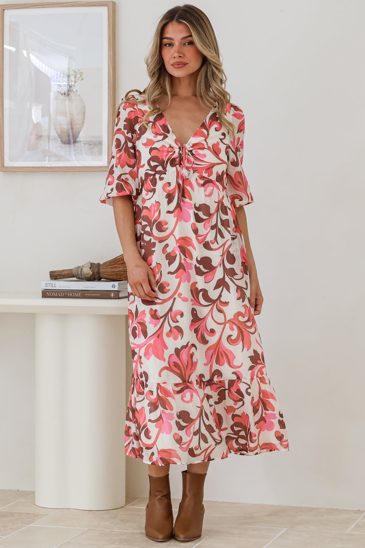 Ellis Midi Dress - V Neck 3/4 Sleeve A-Line Dress in Gemini Print