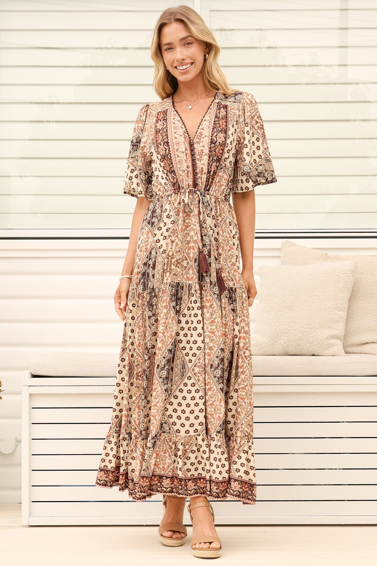 Model wearing Ellise Maxi Dress in Boba Print from Salty Crush