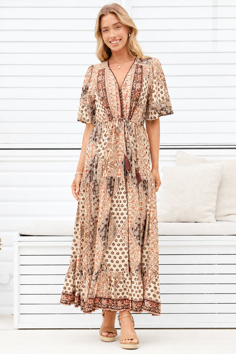 Model wearing Ellise Maxi Dress in Boba Print from Salty Crush