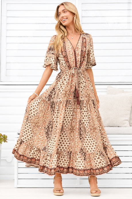Model wearing Ellise Maxi Dress in Boba Print from Salty Crush