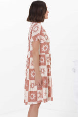 Wilma Mini Dress - Burmuda Collar Button Down Dress with Cap Sleeves in Sulane Print Terracota