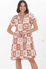 Wilma Mini Dress - Burmuda Collar Button Down Dress with Cap Sleeves in Sulane Print Terracota