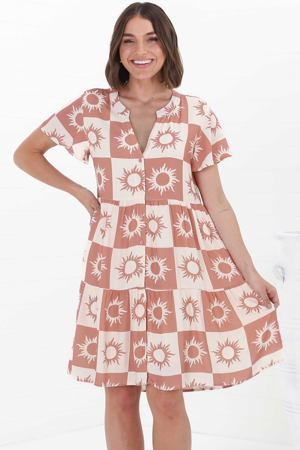 Wilma Mini Dress - Burmuda Collar Button Down Dress with Cap Sleeves in Sulane Print Terracota