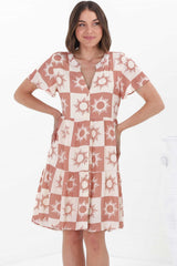 Wilma Mini Dress - Burmuda Collar Button Down Dress with Cap Sleeves in Sulane Print Terracota