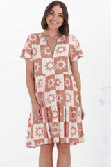 Wilma Mini Dress - Burmuda Collar Button Down Dress with Cap Sleeves in Sulane Print Terracota