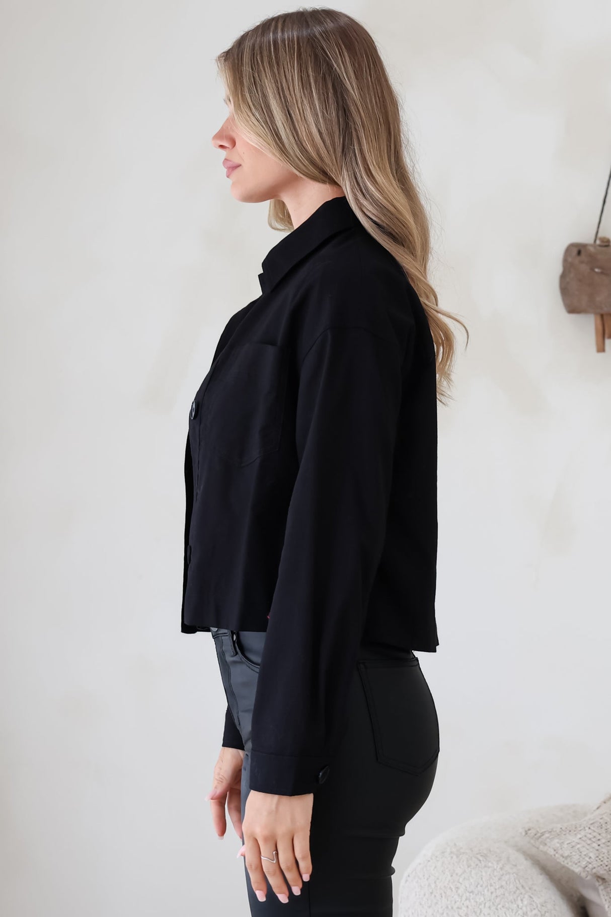 Elma Jacket - Wing Collar Button Down Cropped Jacket in Black