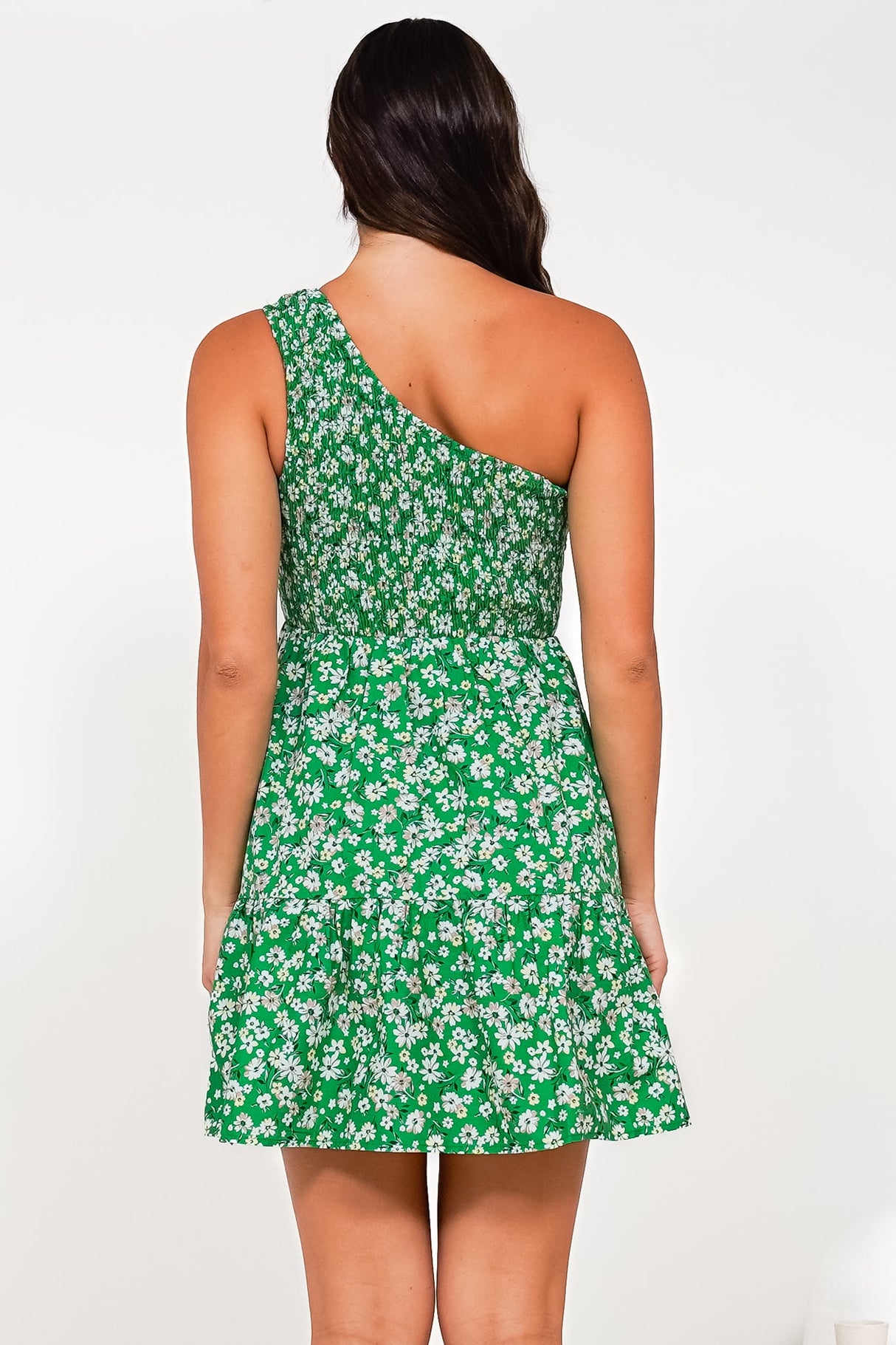 Elmira Mini Dress - One Shoulder Elasticated Bodice Tiered Dress in Foxie Print