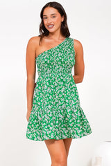 Elmira Mini Dress - One Shoulder Elasticated Bodice Tiered Dress in Foxie Print