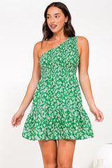 Elmira Mini Dress - One Shoulder Elasticated Bodice Tiered Dress in Foxie Print