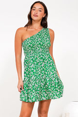 Elmira Mini Dress - One Shoulder Elasticated Bodice Tiered Dress in Foxie Print