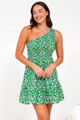 Elmira Mini Dress - One Shoulder Elasticated Bodice Tiered Dress in Foxie Print