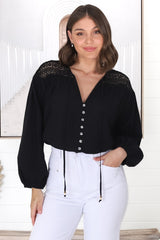 Eloah Top - Lace Shoulder Button Down with Balloon Sleeves in Black