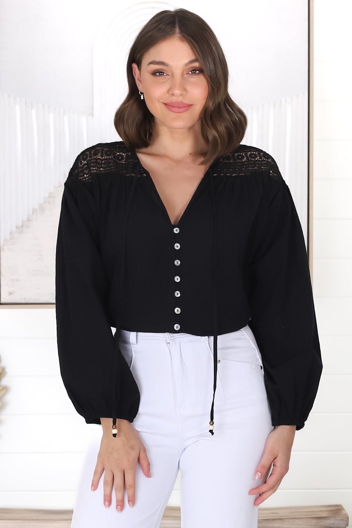 Eloah Top - Lace Shoulder Button Down with Balloon Sleeves in Black