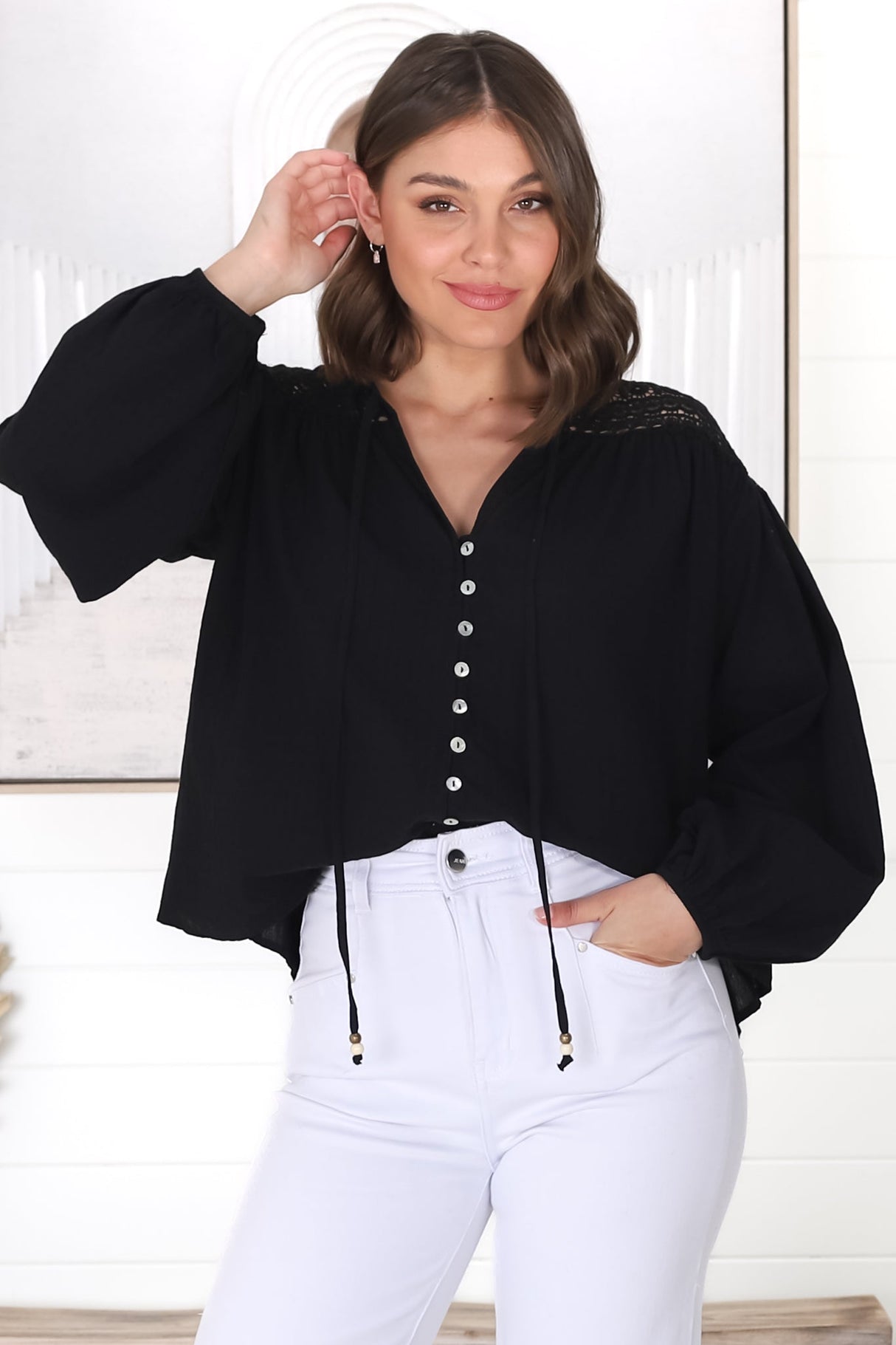 Eloah Top - Lace Shoulder Button Down with Balloon Sleeves in Black