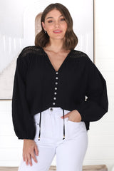 Eloah Top - Lace Shoulder Button Down with Balloon Sleeves in Black