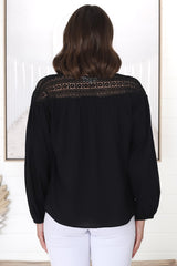 Eloah Top - Lace Shoulder Button Down with Balloon Sleeves in Black