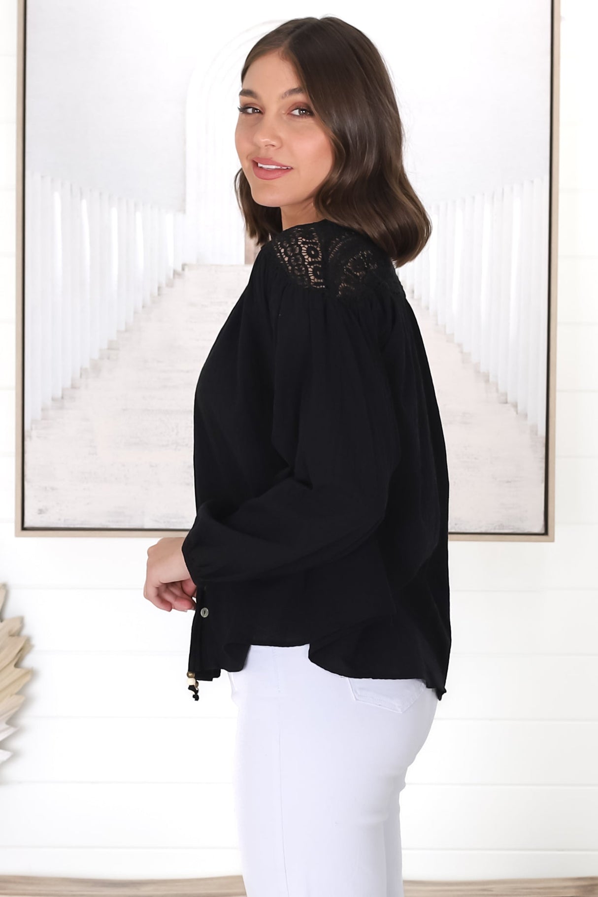 Eloah Top - Lace Shoulder Button Down with Balloon Sleeves in Black