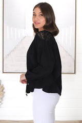 Eloah Top - Lace Shoulder Button Down with Balloon Sleeves in Black