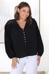 Eloah Top - Lace Shoulder Button Down with Balloon Sleeves in Black