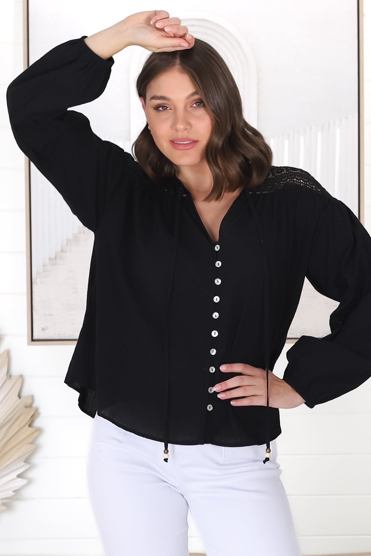 Eloah Top - Lace Shoulder Button Down with Balloon Sleeves in Black