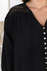 Eloah Top - Lace Shoulder Button Down with Balloon Sleeves in Black