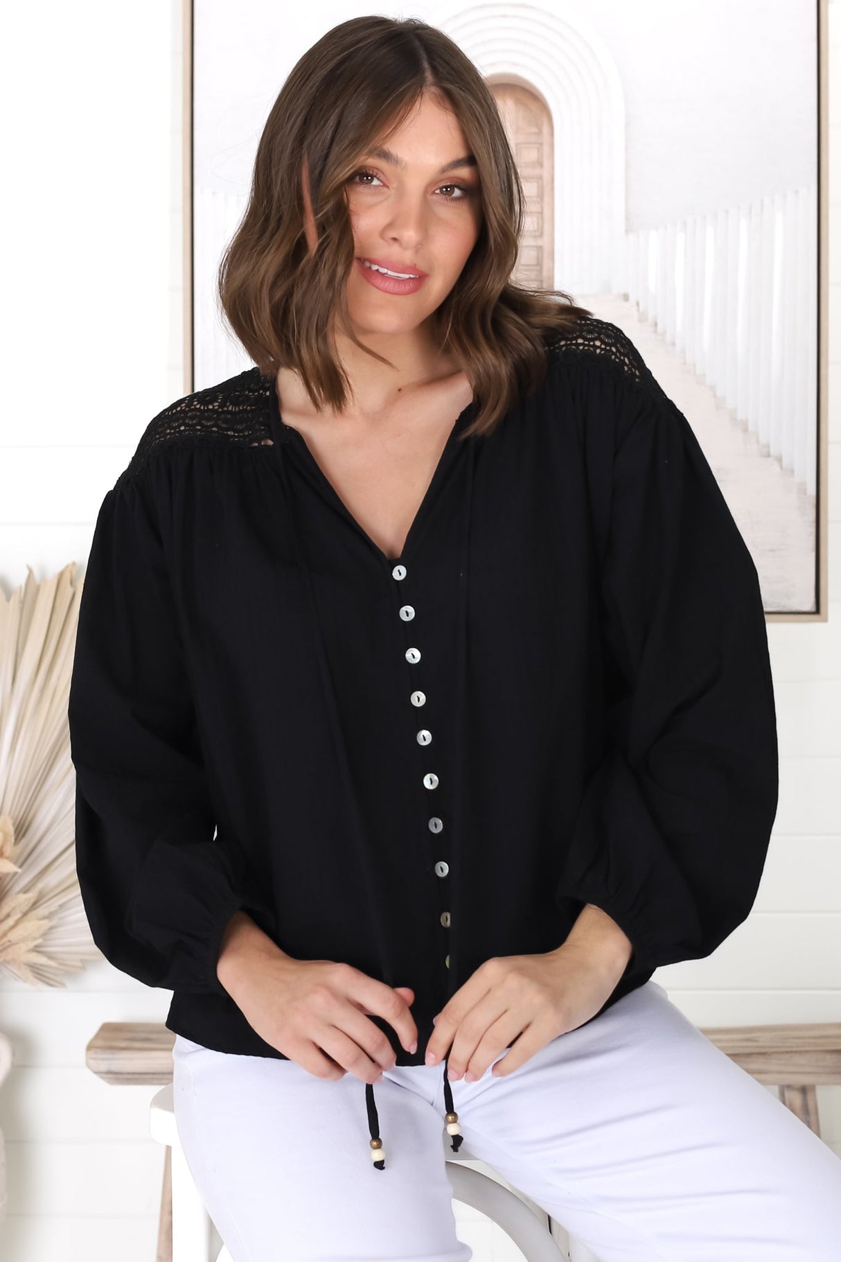 Eloah Top - Lace Shoulder Button Down with Balloon Sleeves in Black