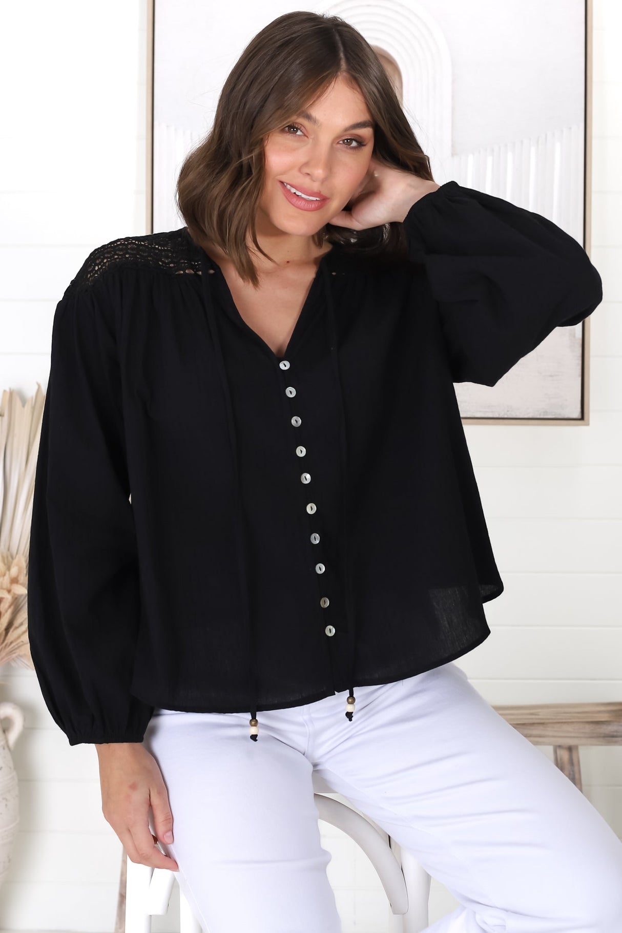 Eloah Top - Lace Shoulder Button Down with Balloon Sleeves in Black