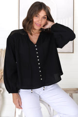 Eloah Top - Lace Shoulder Button Down with Balloon Sleeves in Black