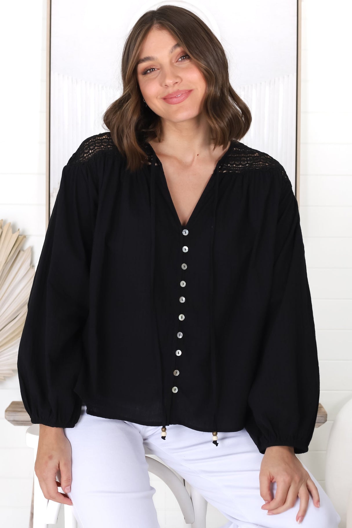 Eloah Top - Lace Shoulder Button Down with Balloon Sleeves in Black