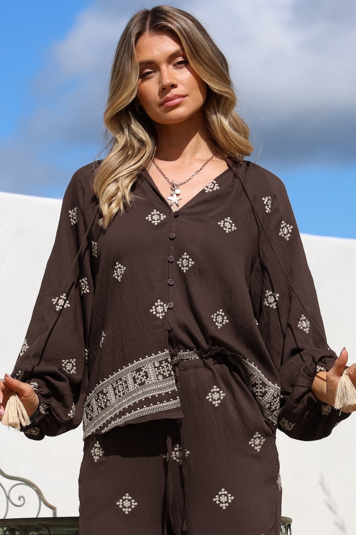 Elowen Blouse - Mandarin Collar Button Down with Neck Tie and Tassels in Vesper Print Brown