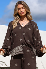 Elowen Blouse - Mandarin Collar Button Down with Neck Tie and Tassels in Vesper Print Brown