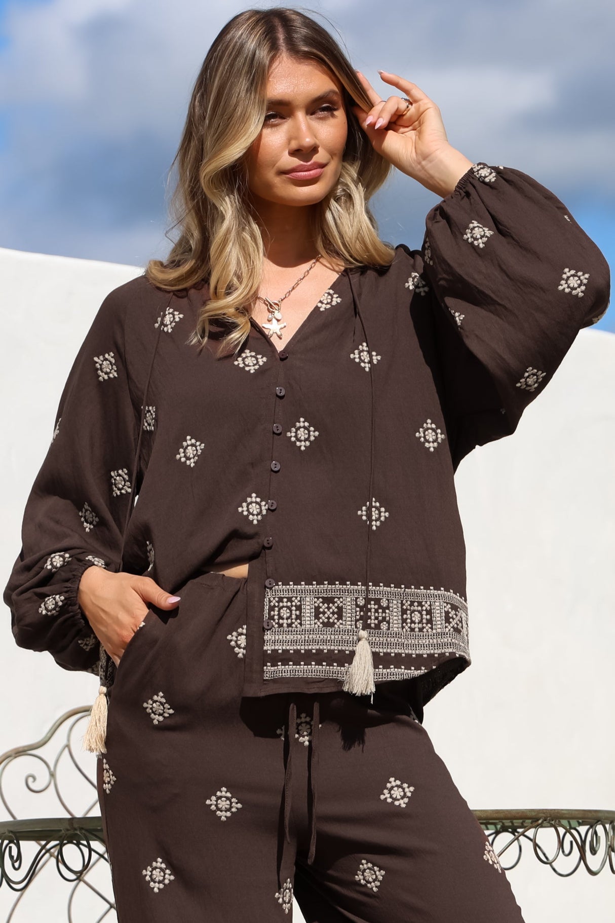 Elowen Blouse - Mandarin Collar Button Down with Neck Tie and Tassels in Vesper Print Brown
