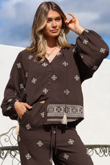Elowen Blouse - Mandarin Collar Button Down with Neck Tie and Tassels in Vesper Print Brown